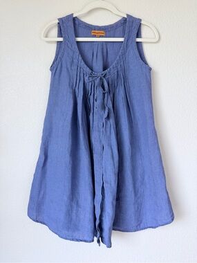 Roberta Freymann 100% Linen Pleated Tie Front Tunic Top XS Blue